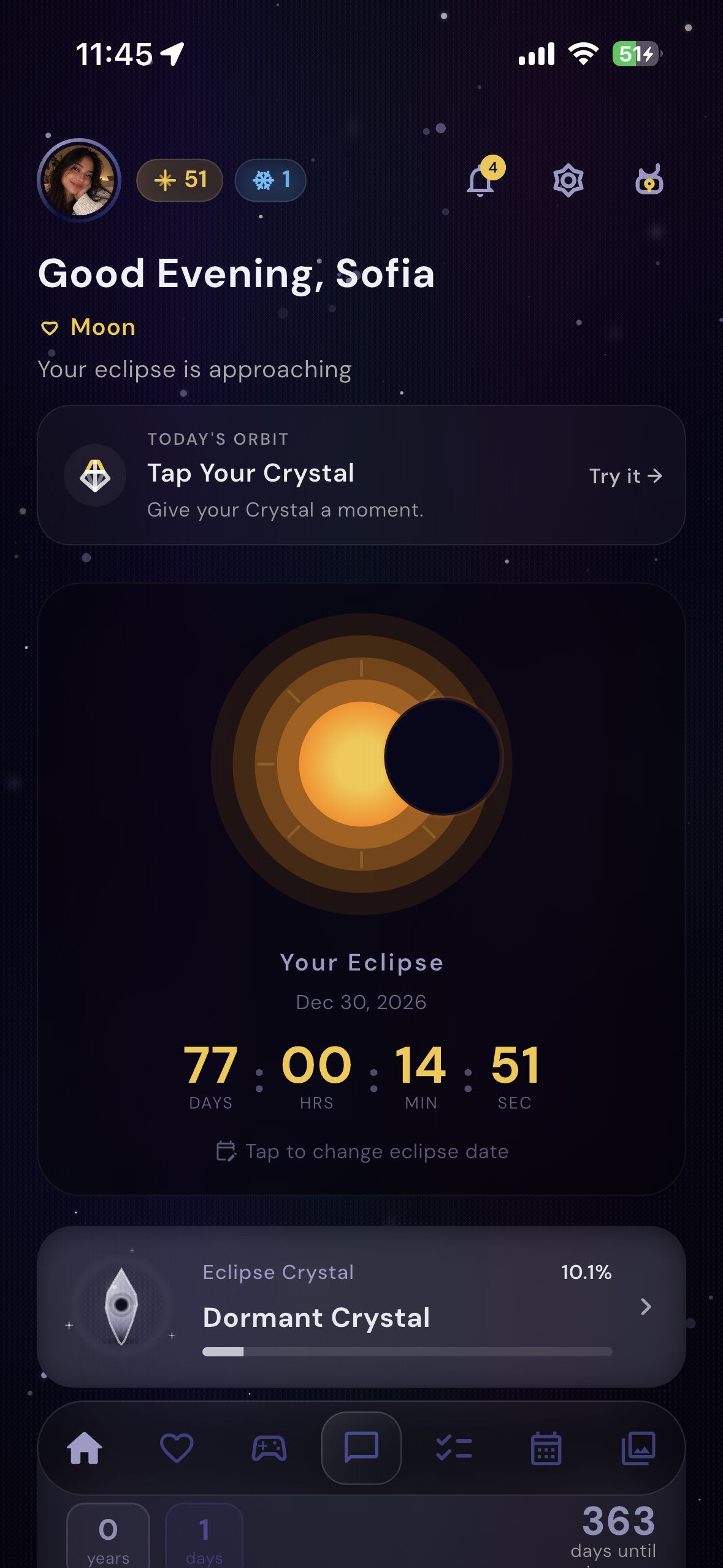 EclipseBond home screen with eclipse countdown and relationship dashboard